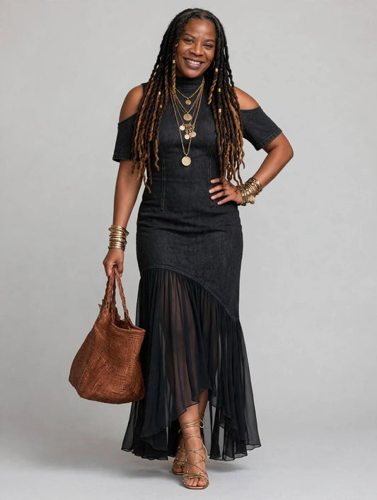 Cold Shoulder Ruffle Hem Maxi Dress