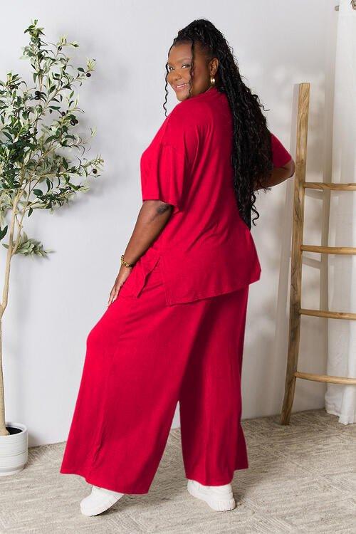Double Take Full Size Round Neck Slit Top and Pants Set - Coquettish Lingerie and Body Aesthetics
