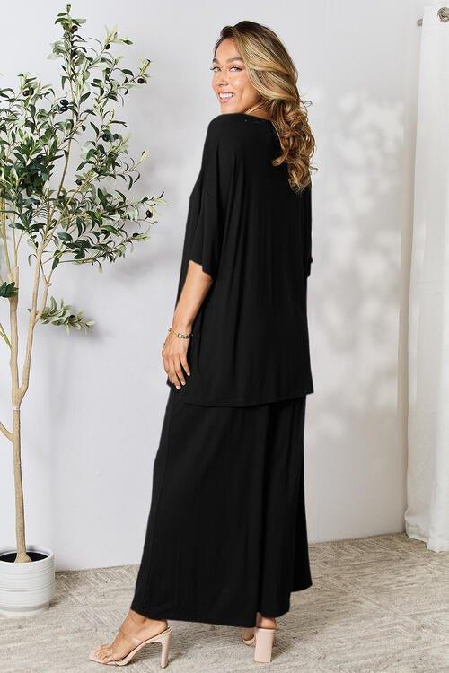 Double Take Full Size Round Neck Slit Top and Pants Set - Coquettish Lingerie and Body Aesthetics
