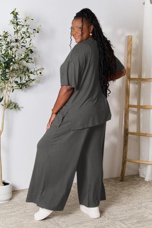 Double Take Full Size Round Neck Slit Top and Pants Set - Coquettish Lingerie and Body Aesthetics