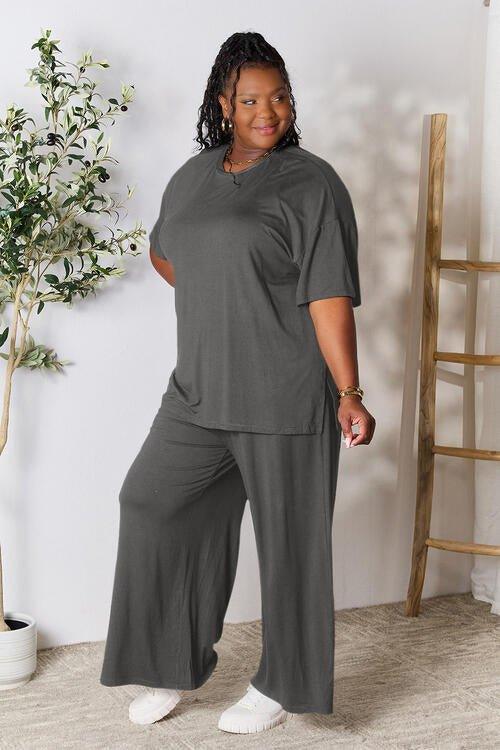 Double Take Full Size Round Neck Slit Top and Pants Set - Coquettish Lingerie and Body Aesthetics