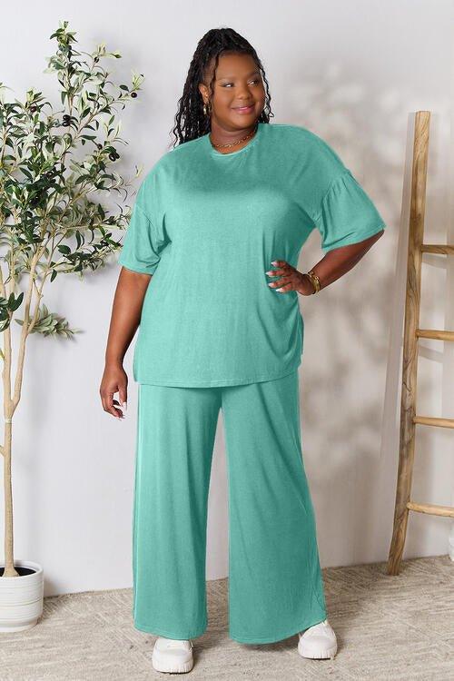 Double Take Full Size Round Neck Slit Top and Pants Set - Coquettish Lingerie and Body Aesthetics