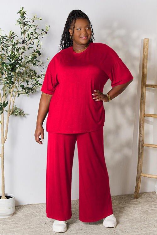 Double Take Full Size Round Neck Slit Top and Pants Set - Coquettish Lingerie and Body Aesthetics