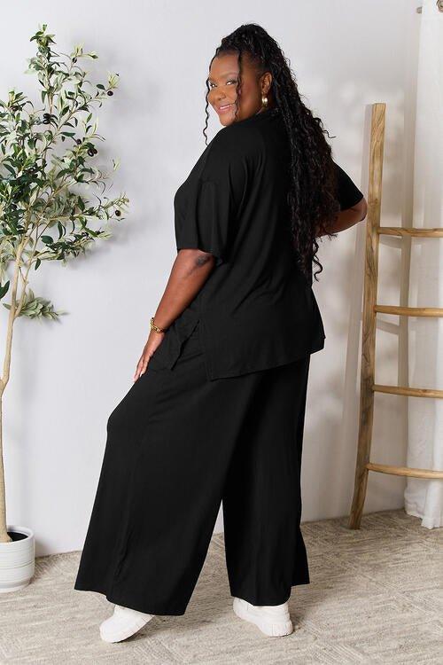 Double Take Full Size Round Neck Slit Top and Pants Set - Coquettish Lingerie and Body Aesthetics