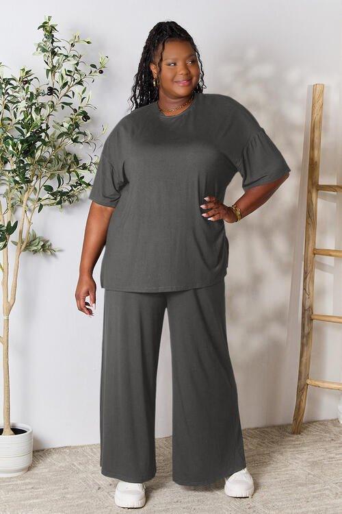 Double Take Full Size Round Neck Slit Top and Pants Set - Coquettish Lingerie and Body Aesthetics