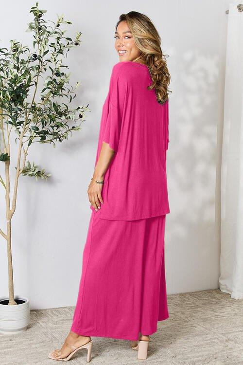 Double Take Full Size Round Neck Slit Top and Pants Set - Coquettish Lingerie and Body Aesthetics