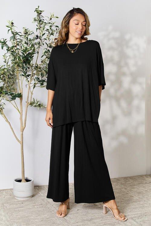Double Take Full Size Round Neck Slit Top and Pants Set - Coquettish Lingerie and Body Aesthetics