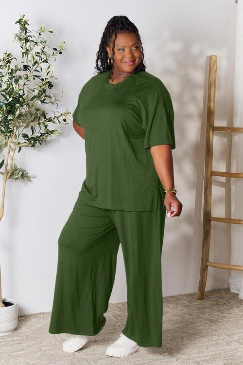 Double Take Full Size Round Neck Slit Top and Pants Set - Coquettish Lingerie and Body Aesthetics
