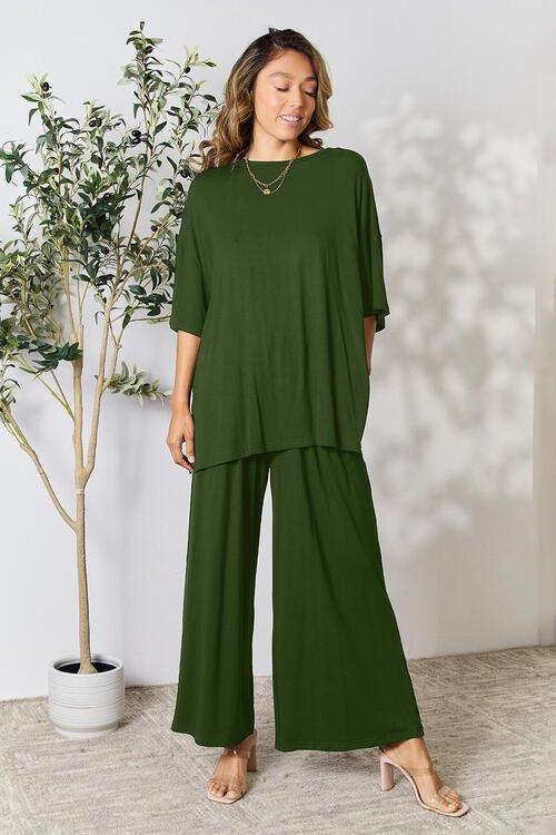 Double Take Full Size Round Neck Slit Top and Pants Set - Coquettish Lingerie and Body Aesthetics
