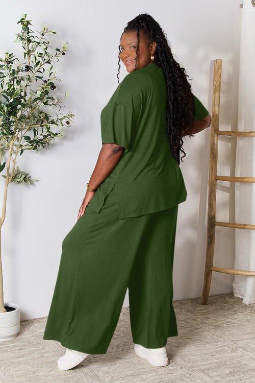Double Take Full Size Round Neck Slit Top and Pants Set - Coquettish Lingerie and Body Aesthetics