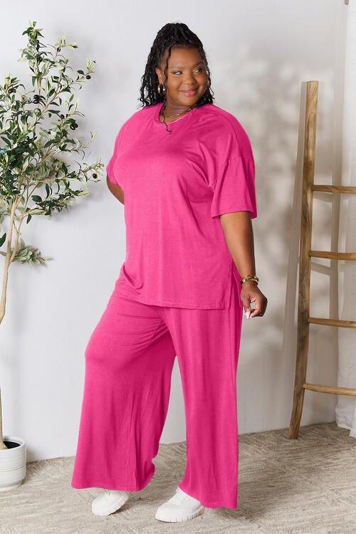 Double Take Full Size Round Neck Slit Top and Pants Set - Coquettish Lingerie and Body Aesthetics