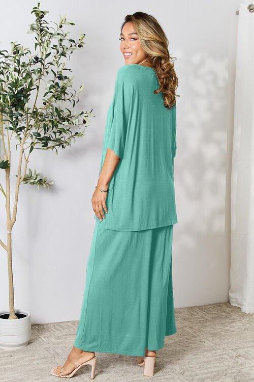 Double Take Full Size Round Neck Slit Top and Pants Set - Coquettish Lingerie and Body Aesthetics