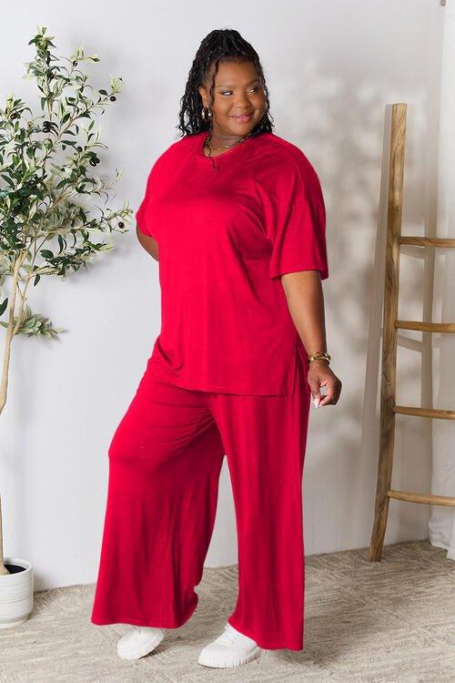 Double Take Full Size Round Neck Slit Top and Pants Set - Coquettish Lingerie and Body Aesthetics