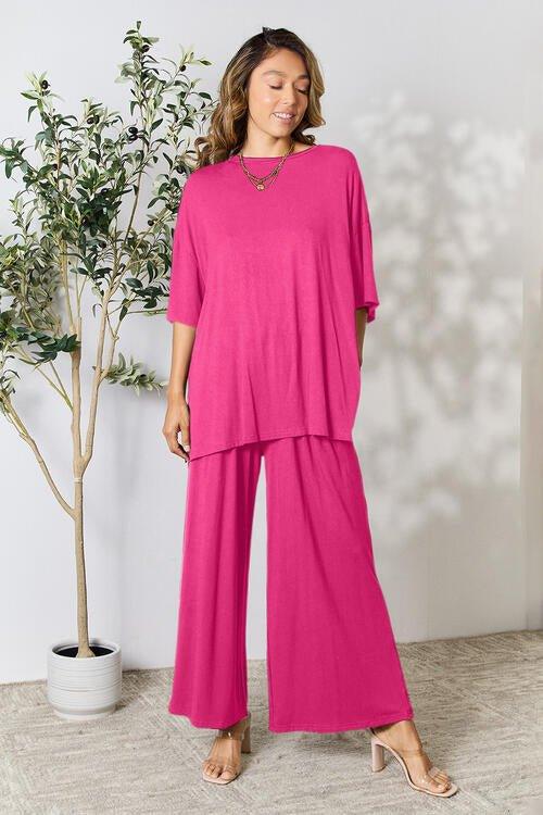 Double Take Full Size Round Neck Slit Top and Pants Set - Coquettish Lingerie and Body Aesthetics