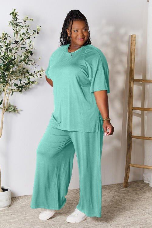 Double Take Full Size Round Neck Slit Top and Pants Set - Coquettish Lingerie and Body Aesthetics