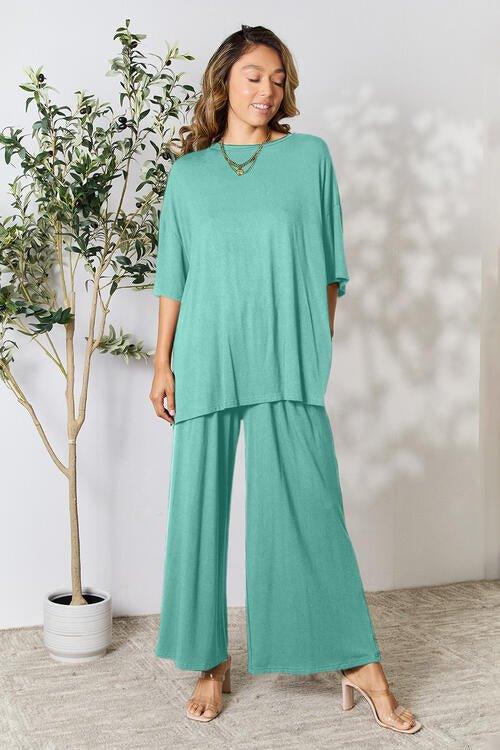 Double Take Full Size Round Neck Slit Top and Pants Set - Coquettish Lingerie and Body Aesthetics
