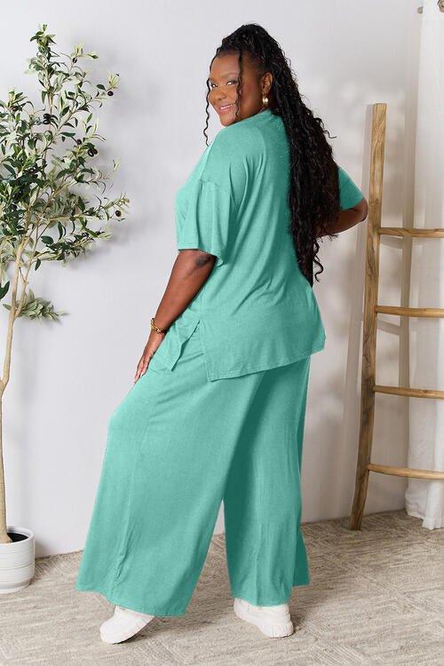 Double Take Full Size Round Neck Slit Top and Pants Set - Coquettish Lingerie and Body Aesthetics