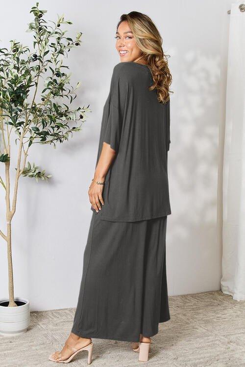 Double Take Full Size Round Neck Slit Top and Pants Set - Coquettish Lingerie and Body Aesthetics