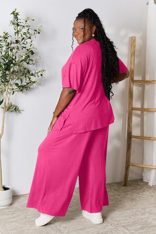 Double Take Full Size Round Neck Slit Top and Pants Set - Coquettish Lingerie and Body Aesthetics