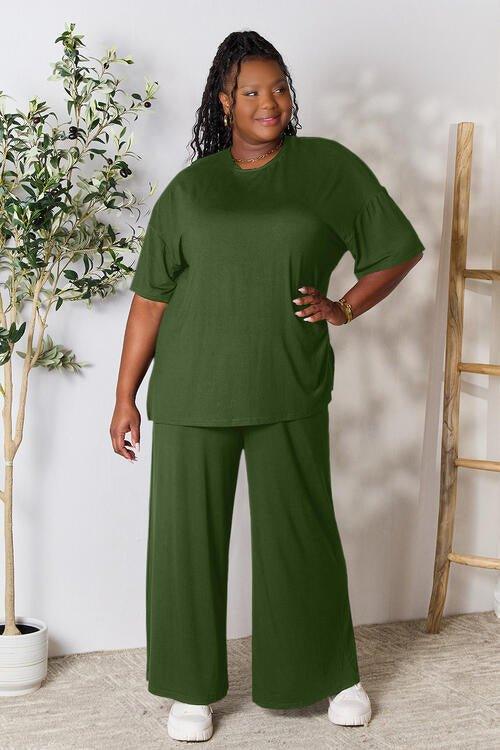 Double Take Full Size Round Neck Slit Top and Pants Set - Coquettish Lingerie and Body Aesthetics