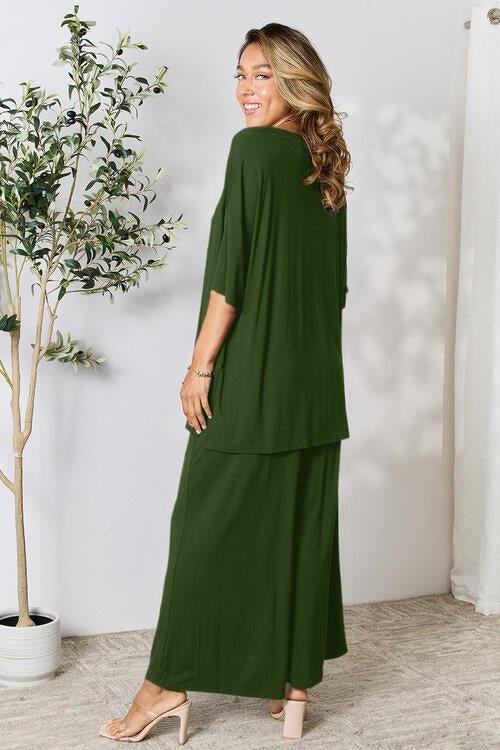 Double Take Full Size Round Neck Slit Top and Pants Set - Coquettish Lingerie and Body Aesthetics