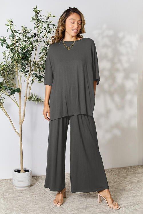 Double Take Full Size Round Neck Slit Top and Pants Set - Coquettish Lingerie and Body Aesthetics