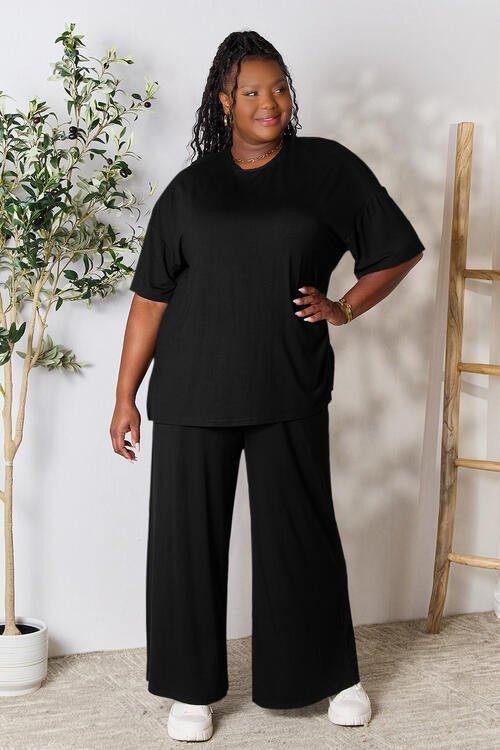 Double Take Full Size Round Neck Slit Top and Pants Set - Coquettish Lingerie and Body Aesthetics