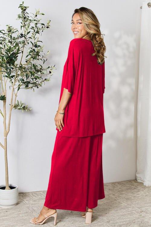 Double Take Full Size Round Neck Slit Top and Pants Set - Coquettish Lingerie and Body Aesthetics