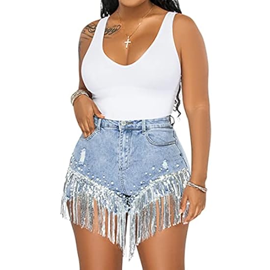 Distressed Pearl Trim Denim Shorts with Pockets