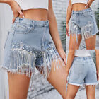 Distressed Pearl Trim Denim Shorts with Pockets