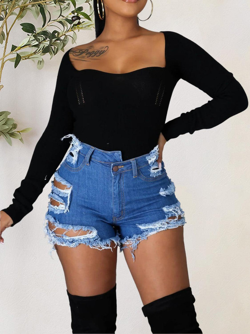 Manny's Distressed Pearl Trim Denim Shorts with Pockets