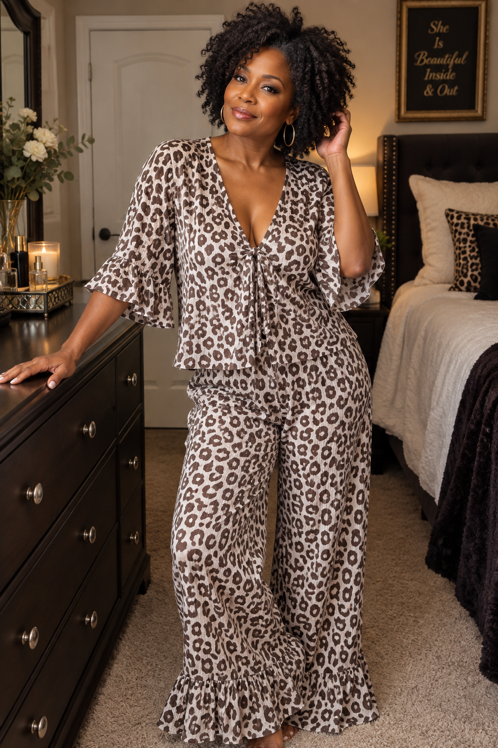 Leopard Print Ruffle Trim and Pants Lounge Set