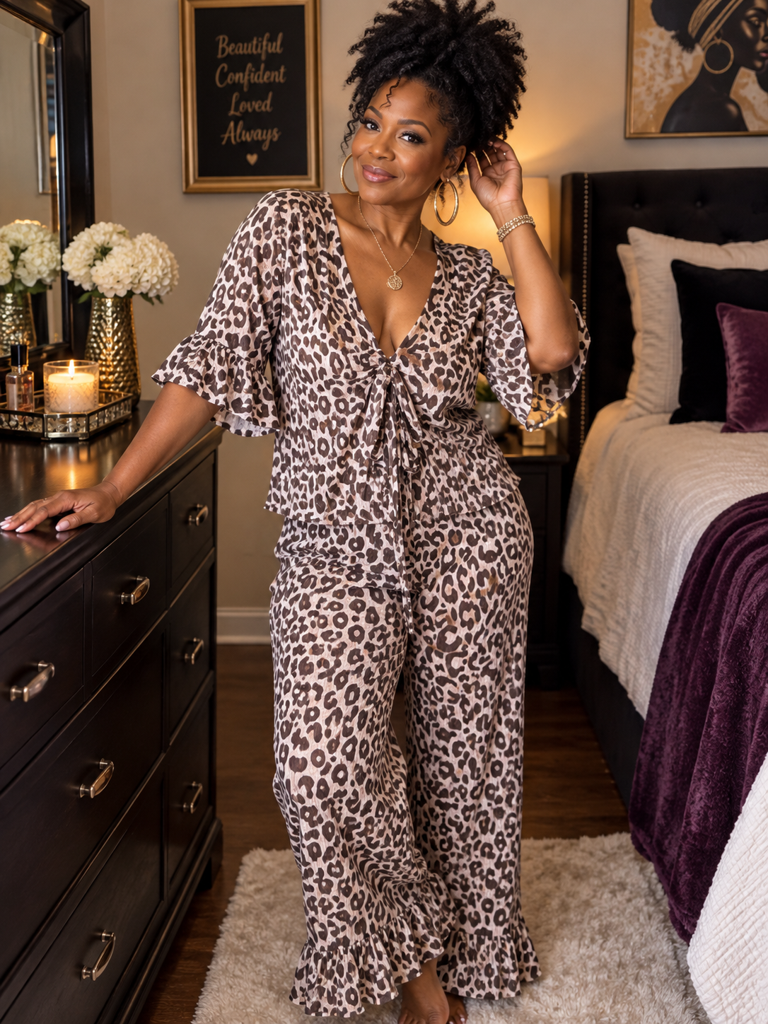Leopard Print Ruffle Trim and Pants Lounge Set