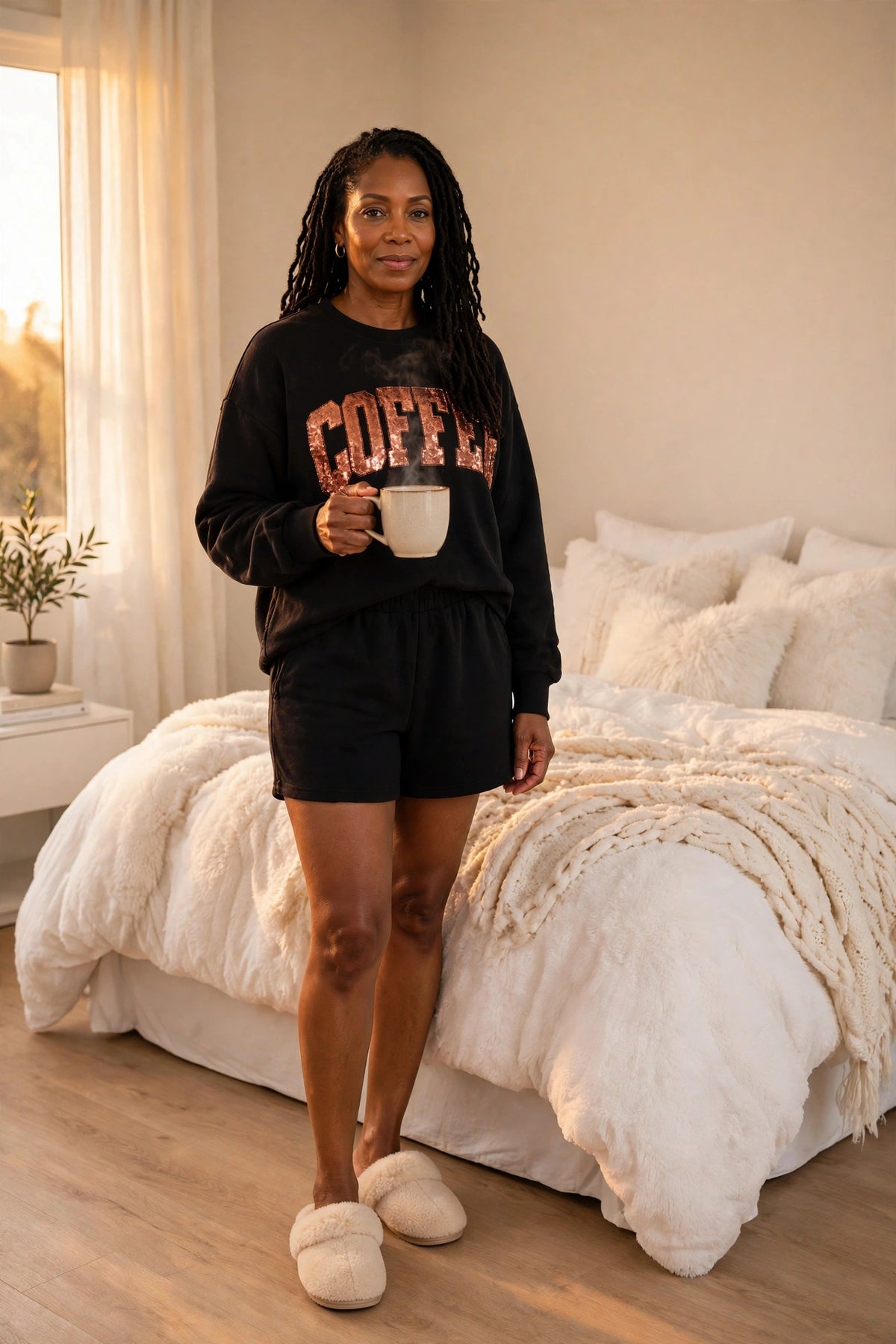 COFFEE Sequin Round Neck Long Sleeve Top and Shorts Set