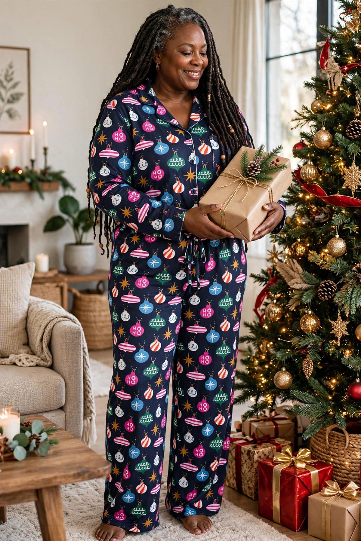 Christmas Lights Print Collared Neck Top and Pants Set