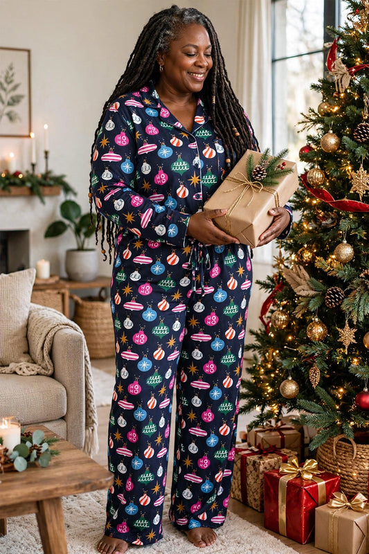 Christmas Lights Print Collared Neck Top and Pants Set