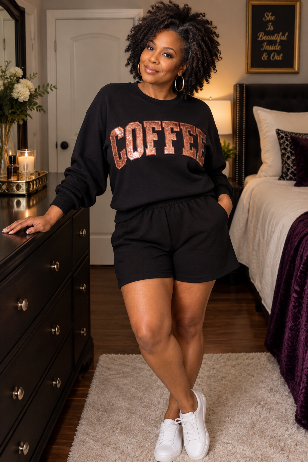 COFFEE Sequin Round Neck Long Sleeve Top and Shorts Set