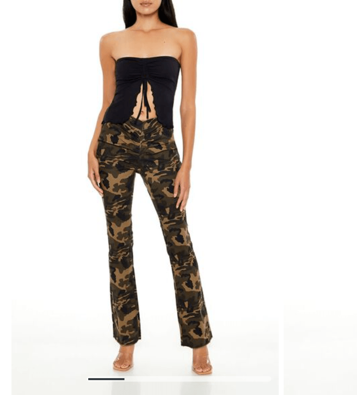 American Bazi V-Cut Ruched Camo Flare Pants