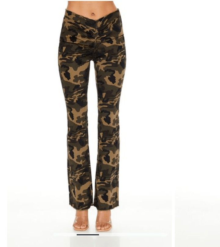 American Bazi V-Cut Ruched Camo Flare Pants