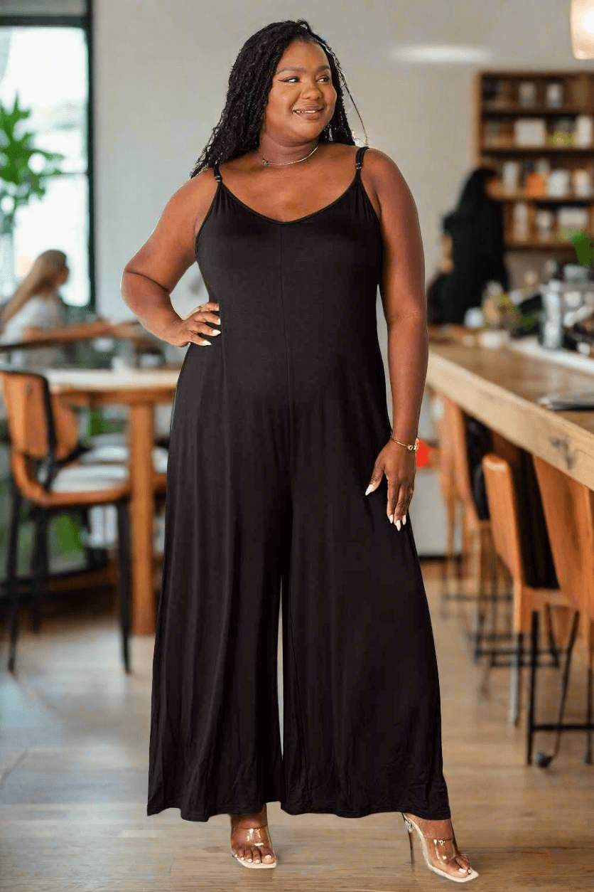 Double Take Full Size Soft Rayon Spaghetti Strap Tied Wide Leg Jumpsuit