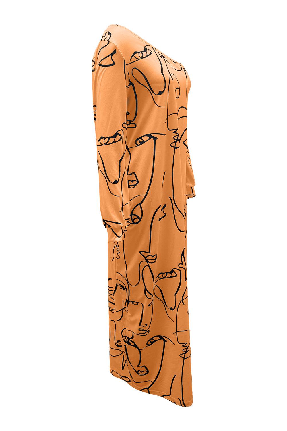 Printed Single Shoulder Lantern Sleeve Maxi Dress