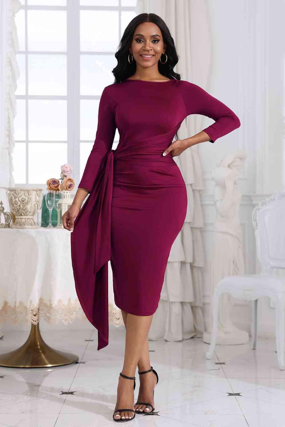 Tie Detail Round Neck Midi Dress